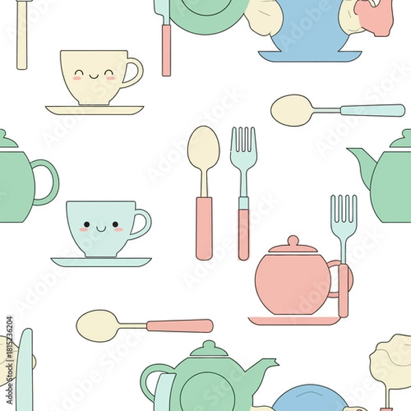 Fototapeta Cute Kawaii Tea Party Set with Teapots Cups and Spoons. Vector Illustrations. EPS Editable