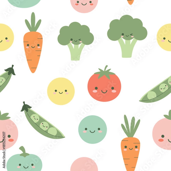 Fototapeta Cute Kawaii Vegetables and Fruits Seamless Pattern. Vector Illustrations. EPS Editable