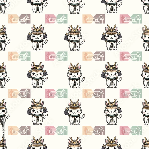 Fototapeta Cute Samurai Cat Warrior Pattern with Japanese Symbols. Vector Illustrations. EPS Editable