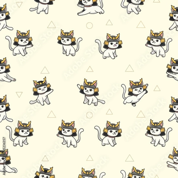 Fototapeta Cute Samurai Cat Pattern Seamless Design. Vector Illustrations. EPS Editable