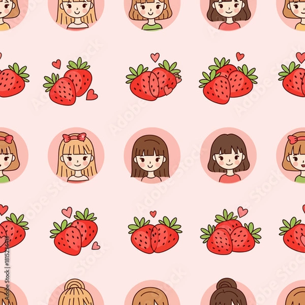 Fototapeta Cute Seamless Pattern of Kawaii Girls and Strawberries with Hearts. Vector Illustrations. EPS Editable