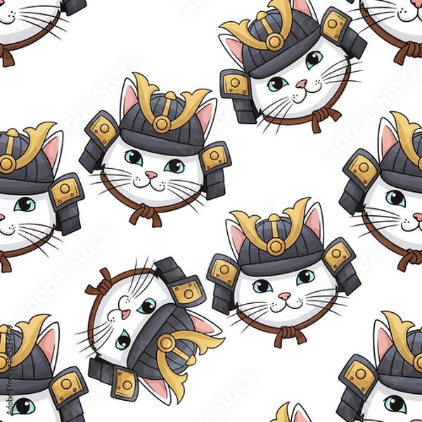 Fototapeta Cute White Cat Samurai Warrior Wearing Traditional Armor and Helmet. Vector Illustrations. EPS Editable