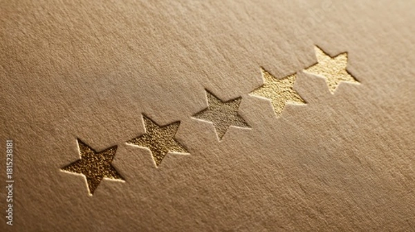 Fototapeta Luxury Five Star Rating Texture: Macro shot of gold foil stars debossed on high quality beige paper background
