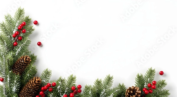 Fototapeta Christmas Pine Branch Border with Red Berries and Pine Cones on White Background