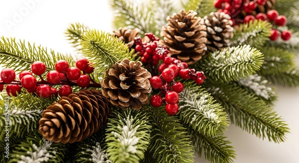 Fototapeta Close Up Christmas Pine Branch Decoration with Red Berries and Pine Cones on White Background