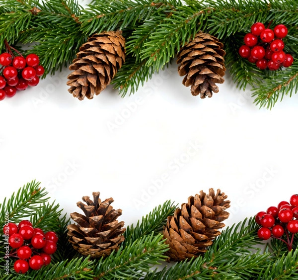 Fototapeta Christmas Pine Branch Border with Red Berries and Pine Cones on White Background