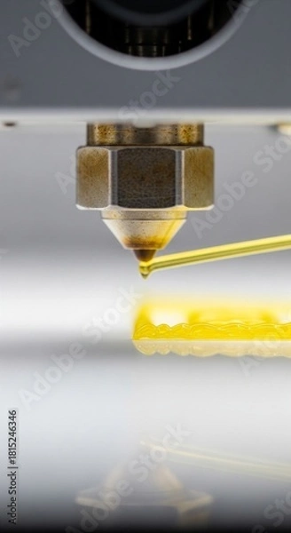 Fototapeta Close-up of a 3D Printer Nozzle Extruding Yellow Material on a White Surface