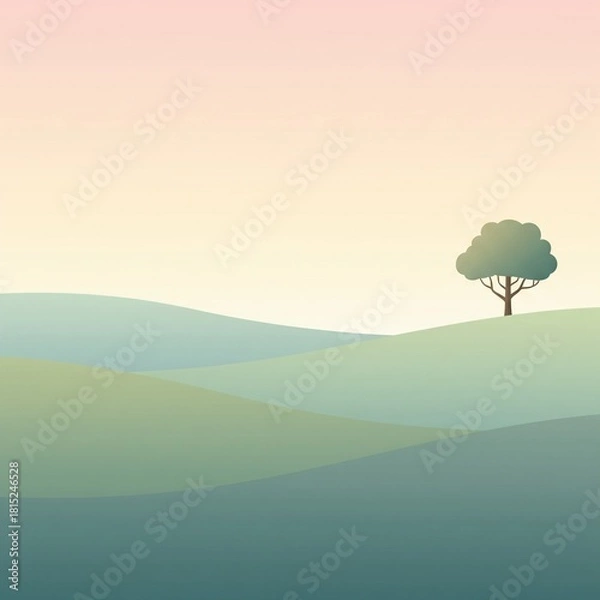 Fototapeta Minimalist Landscape with Rolling Hills and Solitary Tree in Pastel Colors