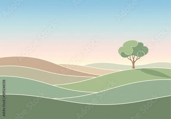 Fototapeta Abstract landscape illustration of rolling hills under a pastel sky with a solitary tree on the right horizon