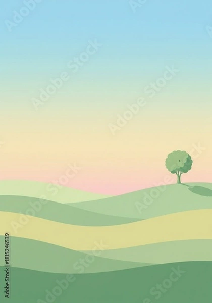 Fototapeta A Tranquil and Minimalist Vector Landscape Illustration Featuring Gently Rolling Green Hills and a Solitary Tree Against a Softly Blended Pastel Sky