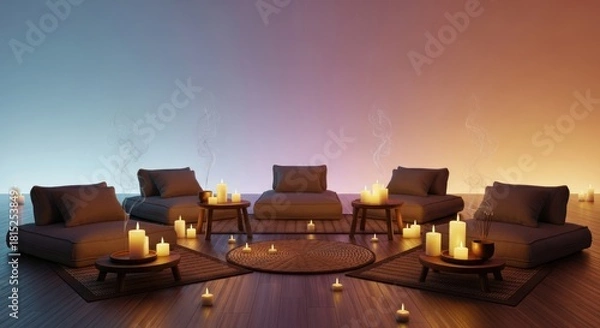 Fototapeta Candlelit serenity: A calming scene with floor cushions and soft light