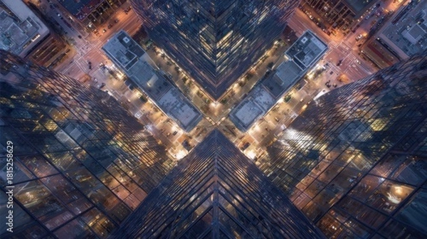 Obraz Aerial View of Skyscrapers in Downtown Area at Night with Lights Shining Intersecting Streets and Building Rooftops