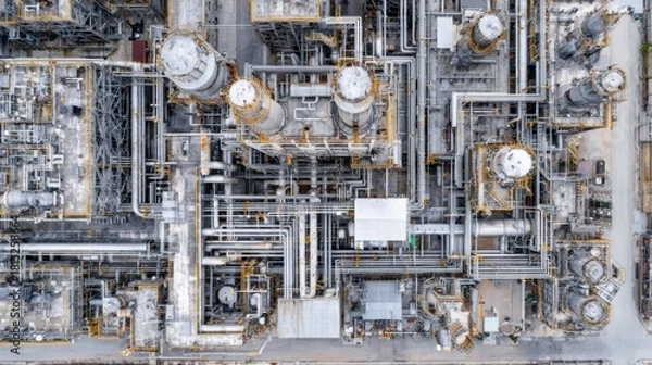 Fototapeta Aerial View of Complex Industrial Facility with Pipes, Tanks, and Machinery Representing Urban Manufacturing and Production Processes