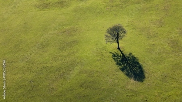Obraz Solitary Tree Casting a Long Shadow on a Lush Green Meadow Under Bright Sunlight, Symbolizing Loneliness and Nature's Beauty
