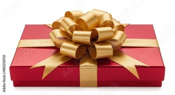 Obraz A beautifully wrapped red gift box adorned with a large golden bow and ribbon, perfect for any special occasion.