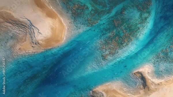 Fototapeta Aerial View of Turquoise Water Flowing Through Sandy Shorelines and Vibrant Coral Reefs in a Serene Coastal Landscape