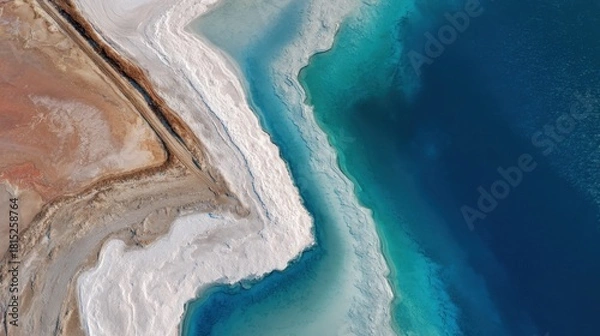 Fototapeta Aerial View of Stunning Contrast Between Turquoise Water and White Saline Shoreline of a Beautiful Coastal Area