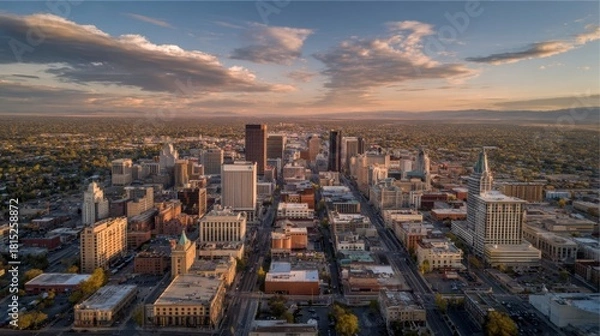 Fototapeta Aerial View of Urban Landscape at Sunset with Beautiful Cloud Patterns Over City Skyline and Buildings