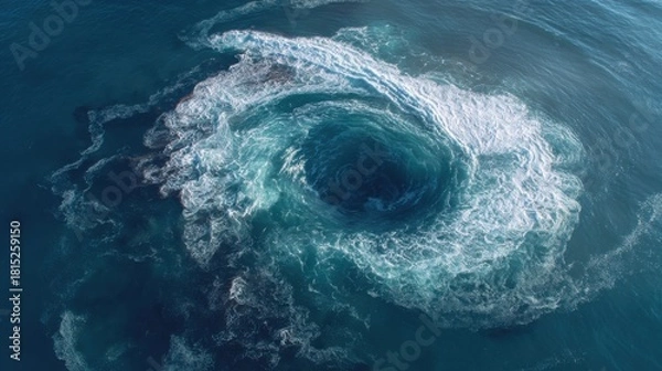 Fototapeta Majestic Ocean Swirl Forming Powerful Whirlpool in Deep Blue Waters Captured from Aerial Perspective