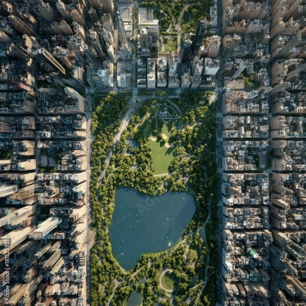 Obraz Aerial View of Urban Park Surrounded by Skyscrapers in a Vibrant City Landscape