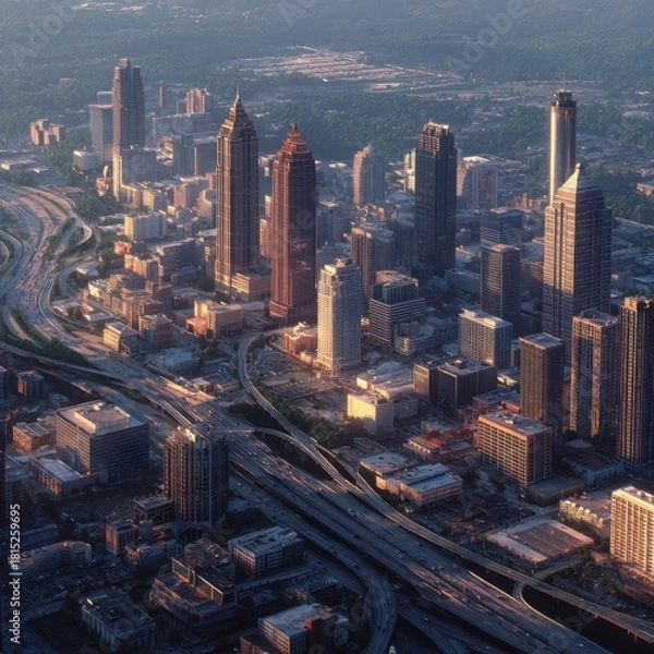 Fototapeta Aerial View of Urban Cityscape with Skyscrapers and Interstate Highways during Golden Hour in Atlanta, Georgia