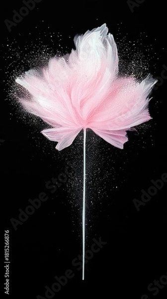 Obraz A delicate, abstract pink flower shape is depicted against a stark black background, adorned with shimmering, scattered particles.