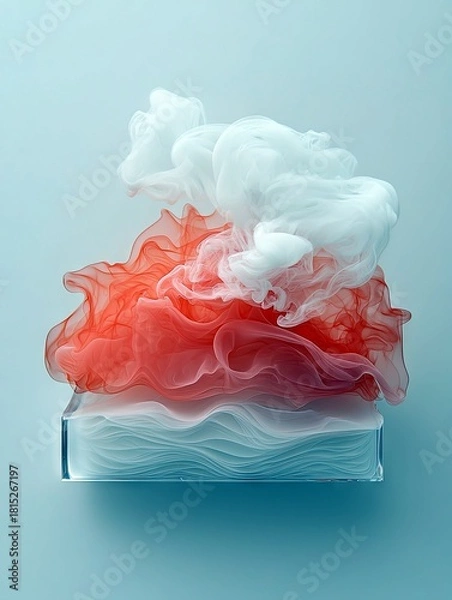 Fototapeta Red and white smoke-like forms are suspended above a clear, rectangular container filled with wavy, translucent blue liquid.