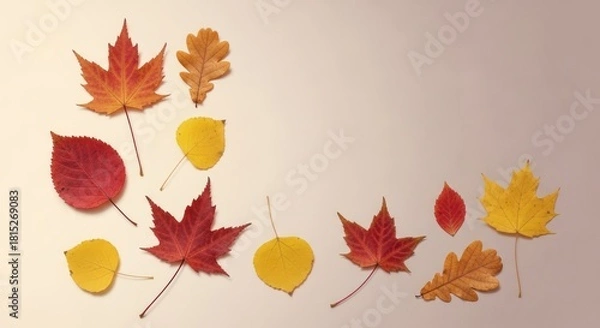 Fototapeta Elegant Autumnal Array: Colorful Fall Leaves on a Light Background
