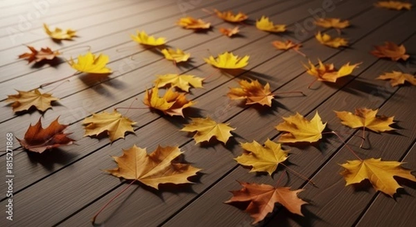 Fototapeta Golden cascade: Autumn maple leaves scattered on rustic wooden surface