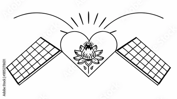 Fototapeta Vector Heart shaped design features lotus flower its center, flanked by solar panels, symbolizing
