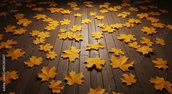 Fototapeta Autumn's embrace: maple leaves scattered on weathered wooden surface