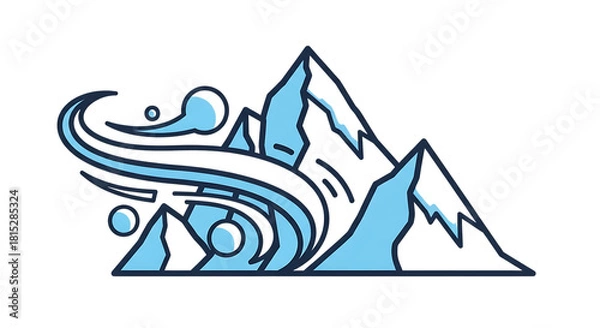 Obraz Stylized blue mountain range emblem with wind blowing freely design