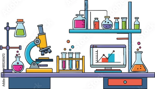 Fototapeta Scientific Laboratory With Microscope Beakers And Flasks On A Desk With Computer Displaying Graph
