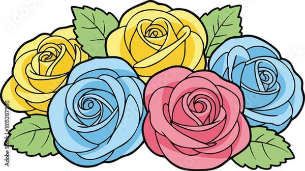 Fototapeta Cluster of yellow blue and pink roses with green leaves isolated on white background