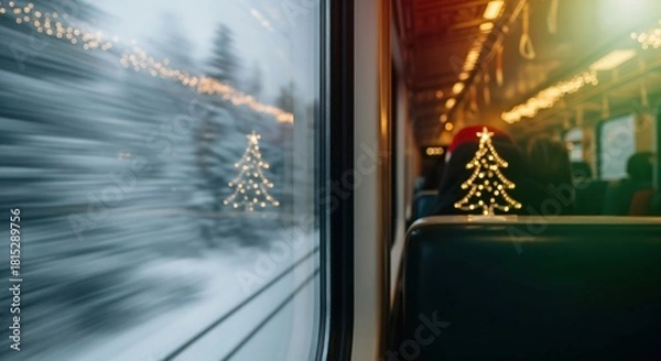 Fototapeta Cozy Holiday Train Ride with Sparkling Christmas Tree Lights Reflected in Window and Blurred Winter Scenery