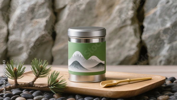 Obraz Elegant tea canister with mountain design evokes serene moments, perfect for mindfulness brands, cozy home aesthetics, or nature-inspired product mockups