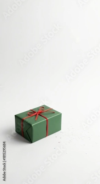 Obraz Minimalist green gift box with red ribbon on a clean white background, perfect for holidays and celebrations