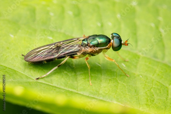 Fototapeta Closeup on a soldier fly resting on a green leaf with blurred background and copy space