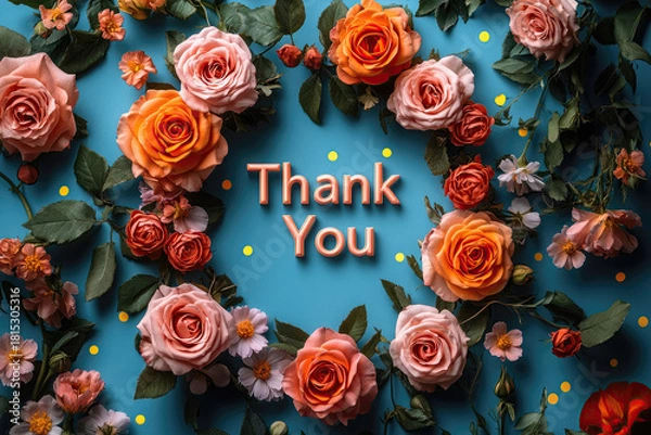 Fototapeta Delicate Rose Border and Polka Dot Background Thank You Card