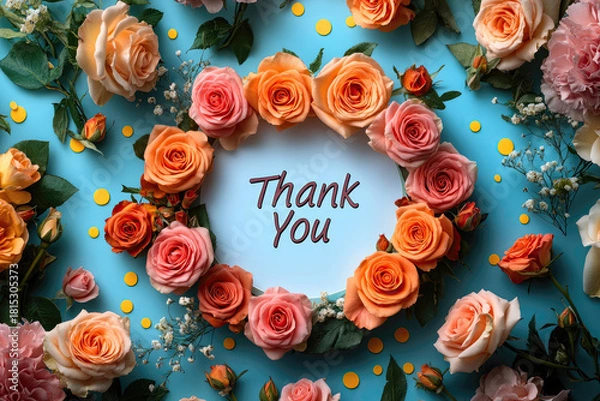 Obraz A Floral Thank You Card with Roses and Polka Dots