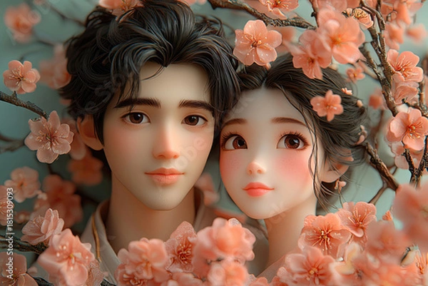 Obraz Two Dreamers Surrounded by Blossoms in Green Light