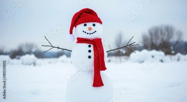 Fototapeta A cheerful snowman stands in a snowy field, wearing a red hat and scarf, with twig arms.