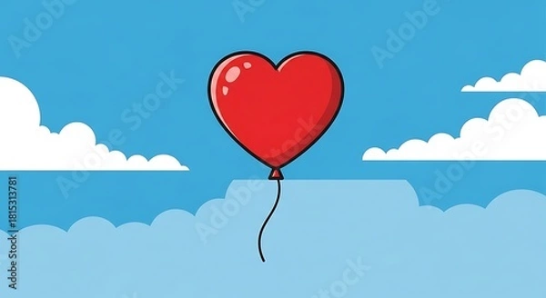 Obraz Red Heart Balloon Floating in a Blue Sky with Clouds.