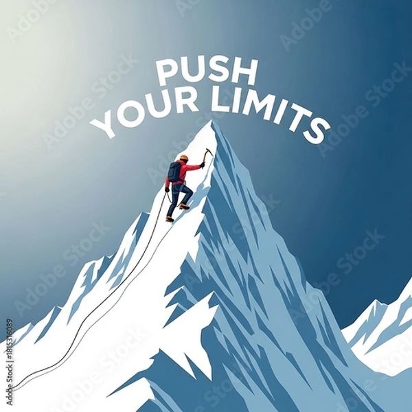 Obraz Motivational image of a climber pushing limits on a snowy mountain peak.