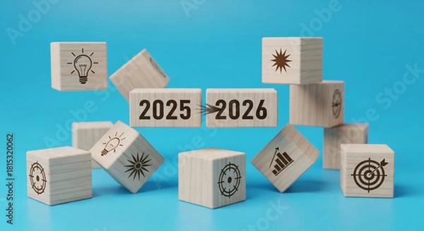 Obraz Wooden blocks with 2025 and 2026 numbers and an arrow, surrounded by various business icons, representing new year planning, strategic goals, future vision, and business development