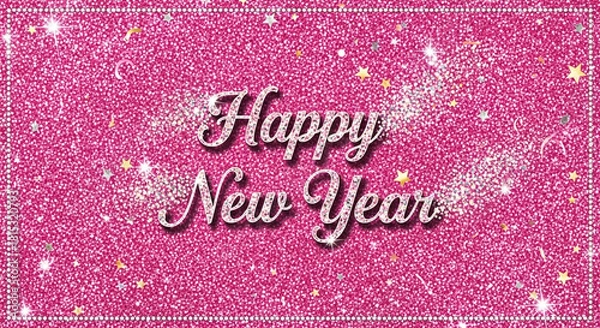 Obraz Sparkling happy new year text on a vibrant pink glitter background, adorned with shimmering stars and light trails, ideal for festive holiday greetings
