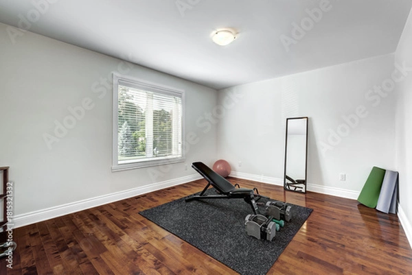 Obraz Exterior and interior of a modern Canad house with backyard, driveway, and complete living spaces. Includes living room, kitchen, bedrooms, bathrooms, hallways and basement