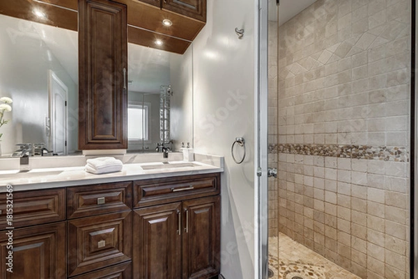 Obraz Exterior and interior of a modern Canad house with backyard, driveway, and complete living spaces. Includes living room, kitchen, bedrooms, bathrooms, hallways and basement