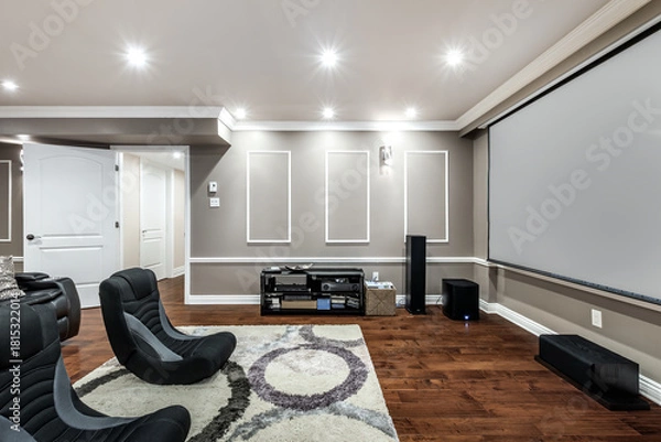 Obraz Exterior and interior of a modern Canad house with backyard, driveway, and complete living spaces. Includes living room, kitchen, bedrooms, bathrooms, hallways and basement