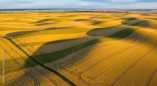 Fototapeta Aerial view of rolling hills and agricultural fields under sunlight.